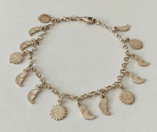 Vintage Sterling Silver Crescent Moon & Sun Charms Link Chain Bracelet 7.  5”