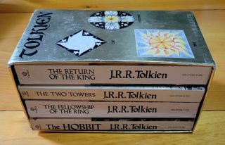 J.  R.  R.  Tolkien 4 Book Gold Box Set Ballantine Vintage Hobbit Lord Of The Rings