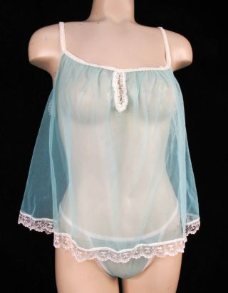 Vintage Blue Sheer Chiffon & Lace Panties & Babydoll Gown Set M/l Bikini Sissy