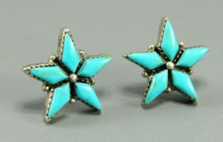 Vintage Zuni Sterling Silver Star Earrings Blue Turquoise Petit Point Style Stud