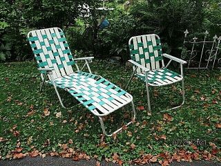 2 Vintage Folding Chair Aluminum Webbed Beach Lawn Patio Porch & Chaise Lounger