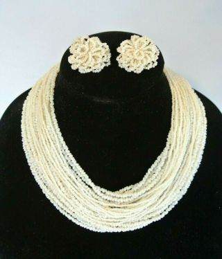 Vtg.  Signed Italy White Glass Seed Bead Multi Strand Necklace & Clip Earring Set