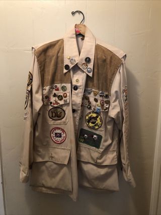 Vintage Grand National Quail Club 10x Shooting Jacket/shirt W/pins And Patches
