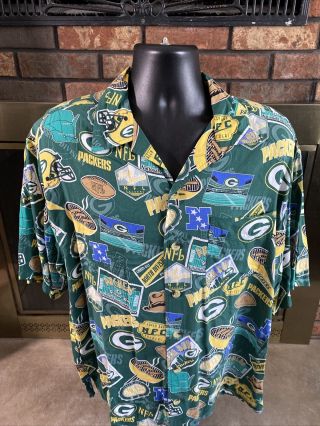 Vintage Green Bay Packers Nfl Football Hawaiian Full Button Shirt Mens Sz Large