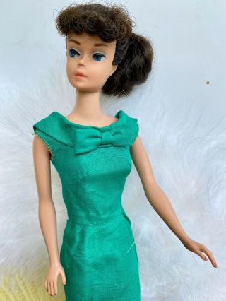 1962 Vintage Barbie Green Silk Sheath Pak Dress W/bow Minty Shiny 60s