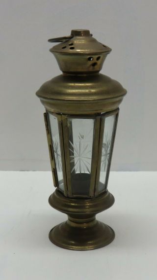 Vintage Brass Candle Holder Lantern Etched Hexagon Glass Hanging Candlestick 8 "
