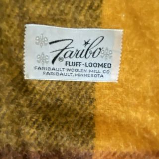 Vtg Blanket Faribo Orlon Plaid Yellow Orange Brown Fringe USA SOFT 51 