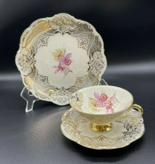 Vintage Bavarian Fine China Tea Cup,  Saucer & Sandwich Plate - Gold With Irises
