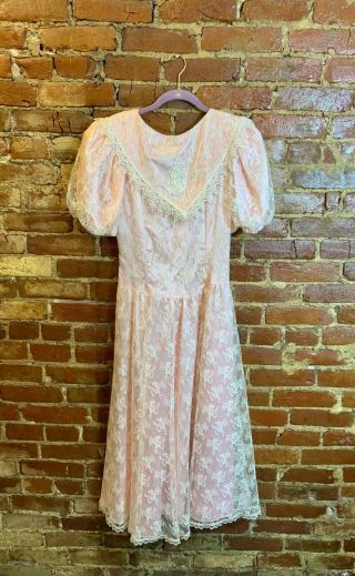 Vintage Gunne Sax Jessica Mcclintock Pink Lace Dress Size 7