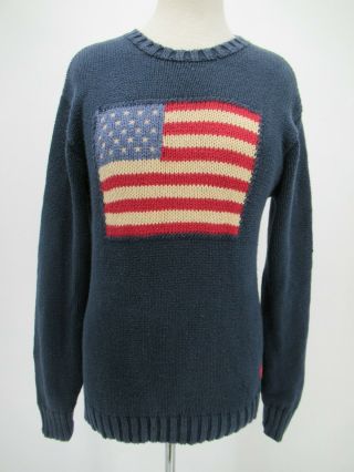 M4248 Vtg Polo Ralph Lauren Usa Flag Knitted Cotton Pullover Sweater Size L