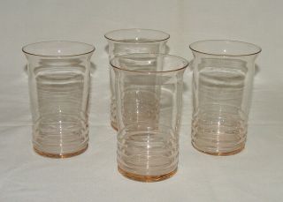 Set Of Four Immaculate Vintage Pink Depression Glass Ringed Tumblers