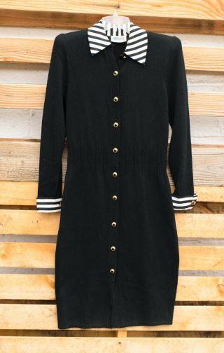 Vintage St.  John By Marie Gray Black White Collared Button Sweater Dress Sz 4
