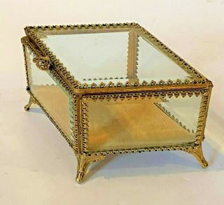Vintage Gold Gilt Ormolu Beveled Glass - Jewelry Casket Box Footed - Diamond Shape