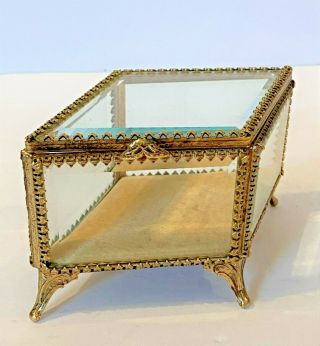 VINTAGE GOLD GILT ORMOLU BEVELED GLASS - JEWELRY CASKET BOX FOOTED - DIAMOND SHAPE 2