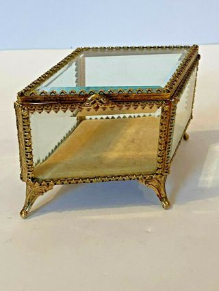 VINTAGE GOLD GILT ORMOLU BEVELED GLASS - JEWELRY CASKET BOX FOOTED - DIAMOND SHAPE 3