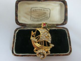 Vintage Signed Attwood&sawyer A&s Enamel Crystal Sailing Ship Boat Brooch Pin
