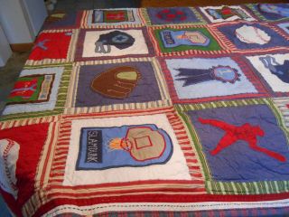 Vtg Pottery Barn Kids Boys MVP Sports Athletic Sports Twin Size Quilt with Sham 2