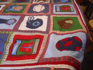 Vtg Pottery Barn Kids Boys MVP Sports Athletic Sports Twin Size Quilt with Sham 3