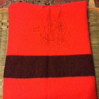 Vintage Herter’s Half Moon 100 Wool Red W/black Stripe & Ship Blanket Euc Nr