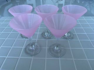 Set Of 5 Vintage Martini Cocktail Glasses Pink With Clear Stem