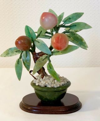 Vintage Chinese Gem Stone Bonsai Tree Peaches Agate Jade /stand 6.  5 Ins Tall