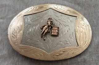 Vtg Large Alpaca Western Barrel Racing Silver Gold & Bronze Toned Belt Buckle