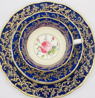 Vintage England Royal Swansea Rose Cup Saucer Plate Trio Cobalt Blue Artist Sign