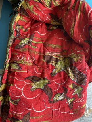Vintage Coleman 1960s Sleeping Bag Green W/ Red Flannel Game Bird Lining 2
