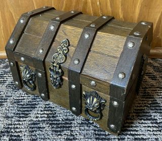 Vintage Pirate Treasure Chest Wood Jewelry Box Gothic Lion Head Liquor Decanter