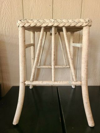White Vintage Primitive Rattan Wicker End Accent Side Table Night Plant Stand