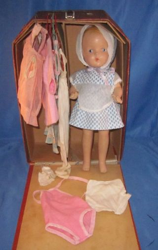 Vintage Trunk With Composition Patsy Type Doll & Clothes