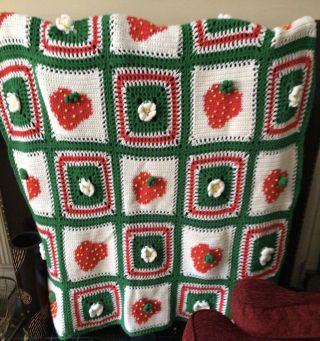 Vintage Crochet Blanket Granny Square 3d Strawberries & Flowers Handmade