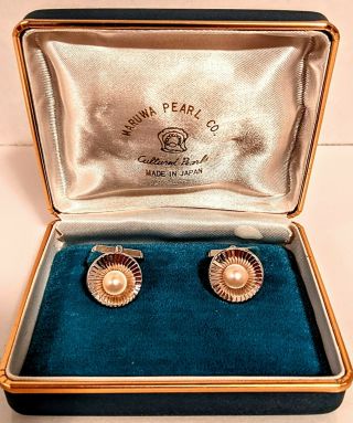 Vintage Maruwa Pearl Co.  Cultured Pearls Silver Cufflink