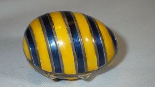 Vintage Blue & Yellow Striped Egg Sterling Enameled Pill Or Trinket Box