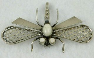 Vintage Signed Horacio De La Parra Sterling Silver Stone Dragonfly Pin Brooch