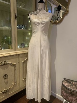 Vintage Cream Lace Full Length Maxi Slip Dress Negligee Bri Nylon Sz 12