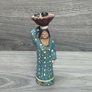 Vintage Mexican Clay Folk Art Figure Woman Carrying Basket On Her Head