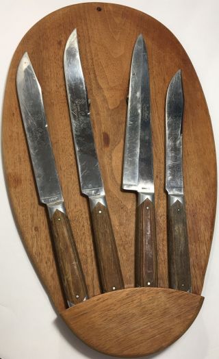 Vintage Knife Set Queen Cutlery Co.  Stainless Steel 4 Knives & Wood Holder Pa