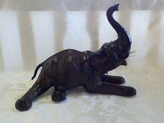 Elephant Figurine Vintage Leather Wrapped Sitting 15 " Long 11 " Tall Glass Eyes