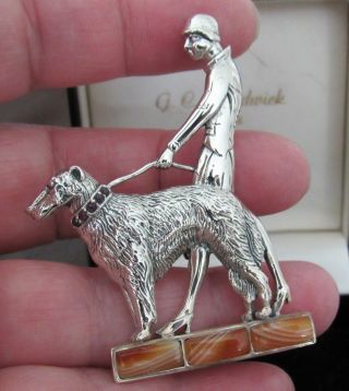 Vintage Art Deco Style Sterling Silver Lady Dog Agate Ruby Statement Brooch Pin