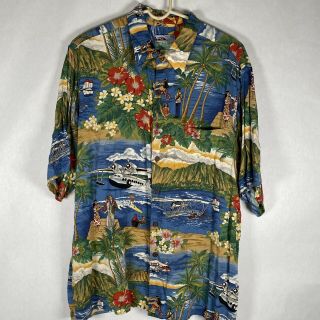 Reyn Spooner Floral Button Down Hawaiian Aloha Surfing,  Plane Vintage Shirt L