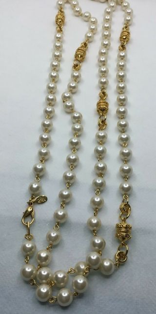 Vintage Joan Rivers White Faux Pearl Gold Tone Double Link Necklace 56 "