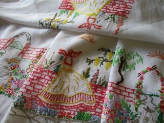 Vintage Hand Embroidered Linen Tablecloth - Fab Crinoline Ladies & Floral Arches