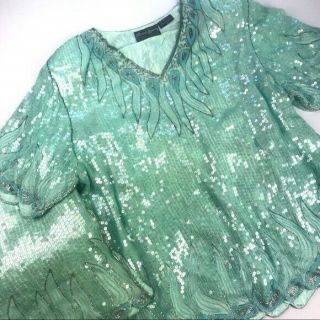 Plus Size 1x Vintage Bling Party Outfit 100 Silk Sequins/beads Aqua/mint