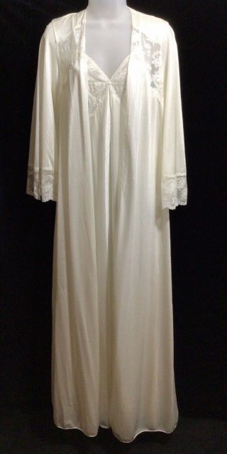 Vintage Miss Elaine Nightgown And Robe S Ivory W/lace V Insert Full Length Nwot