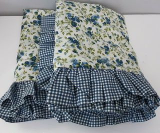 2 Vintage Laura Ashley Pillow Sham King Size Blue Floral Gingham Ruffle