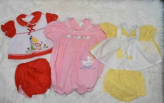 Vintage 3 Baby Outfits Dress Romper Cradle Togs Smocked Elephant 0 - 3 3 - 6 0 - 6