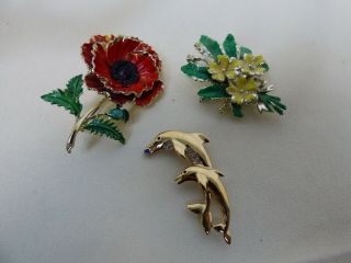 3 X Vintage Signed Exquisite Enamel Brooch Bj Dolphin Brooches Badge G258 J15
