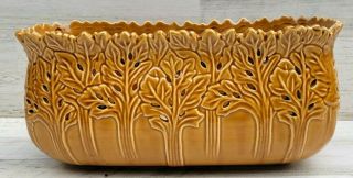 Vtg Mcm Beige Art Pottery Oblong Oval Planter Glazed Pierced Oak Leaves 12x5.  5x4