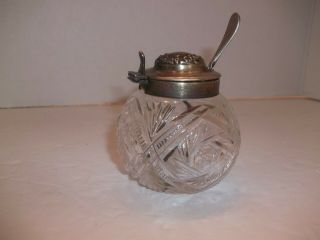 Vintage Sterling Silver Hinged Lid Cut Crystal Glass Sugar Jam Mustard Jar Spoon